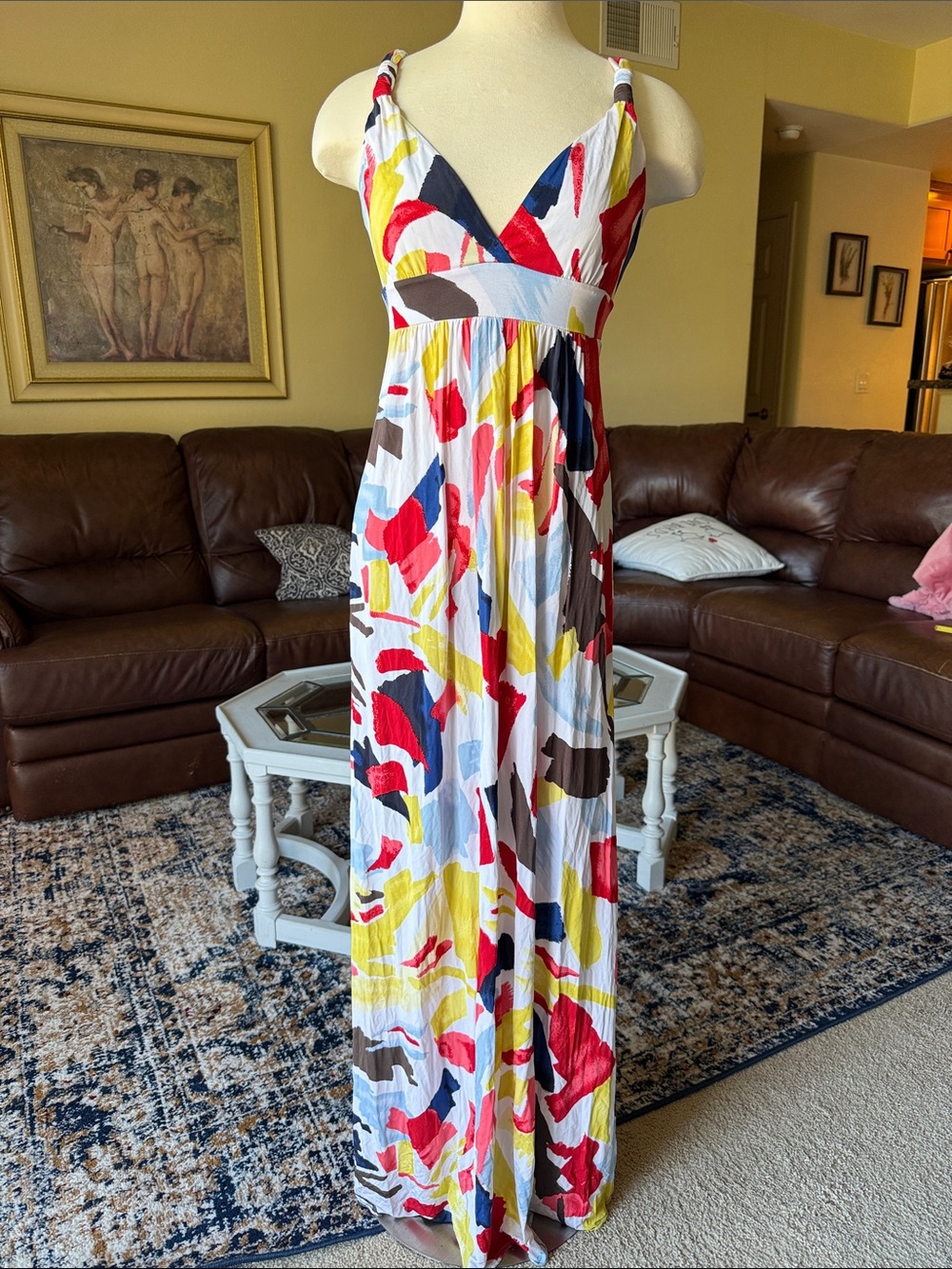 BCBG Maxazria Abstract Multicolor V-Neck Maxi Dress